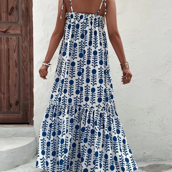 Blue Boho Womens Geo Print Ruffle Hem Cami Dress - Picture 3 of 5